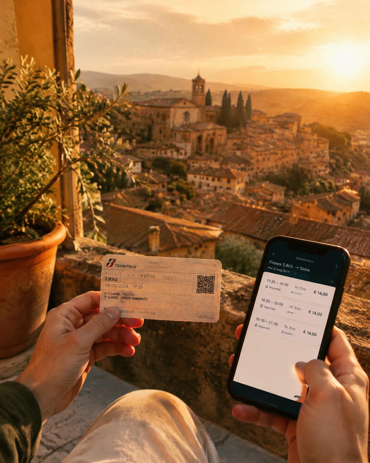 Traveller holding a train ticket and phone above Tuscan rooftops at sunset